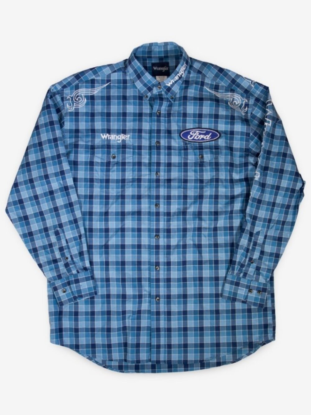 Wrangler Ford Logo Blue Checkered Embroidered Logo Button Up Shirt